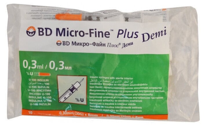 Инсулиновый шприц 0.3 мл с интегрированной иглой U100 BD Micro-Fine Plus DEMI 30G 0,3 x 8 мм, Becton Dickinson, 10 штук