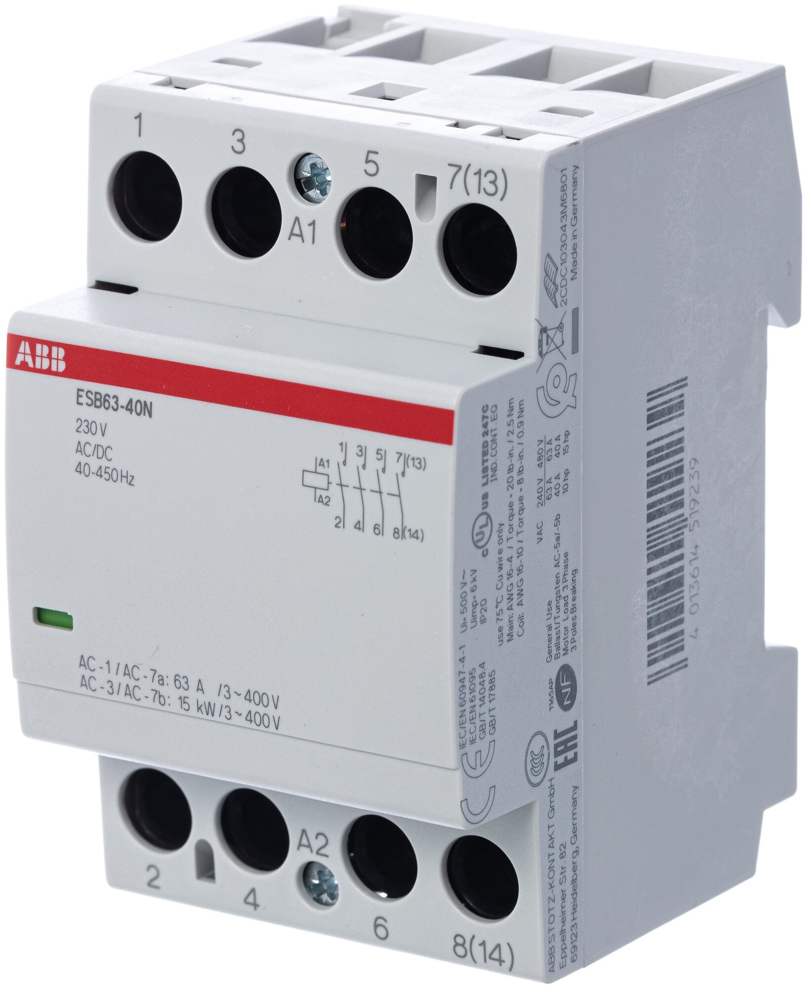 ABB Контактор ESB63-40N-06 модульный (63А АС-1 4НО) катушка 230В AC/DC ABB 1SAE351111R0640