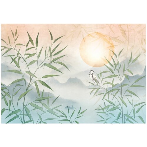 Фотообои Уютная стена Пейзаж в восточном стиле с листьями бамбука на фоне гор 390х270 см Виниловые Бесшовные (единым полотном)