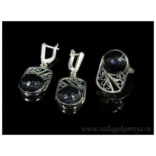 Комплект бижутерии: серьги, кольцо, агат, размер кольца 17, черный