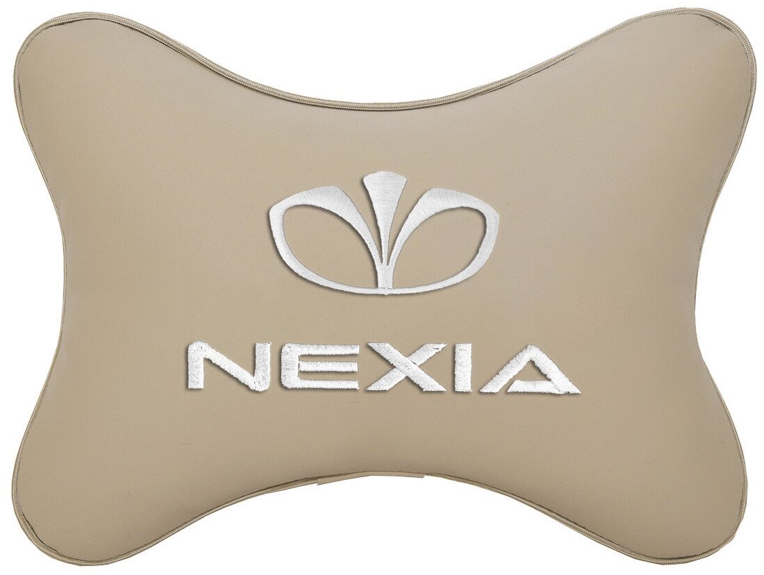 Автомобильная подушка на подголовник экокожа Beige с логотипом автомобиля DAEWOO Nexia
