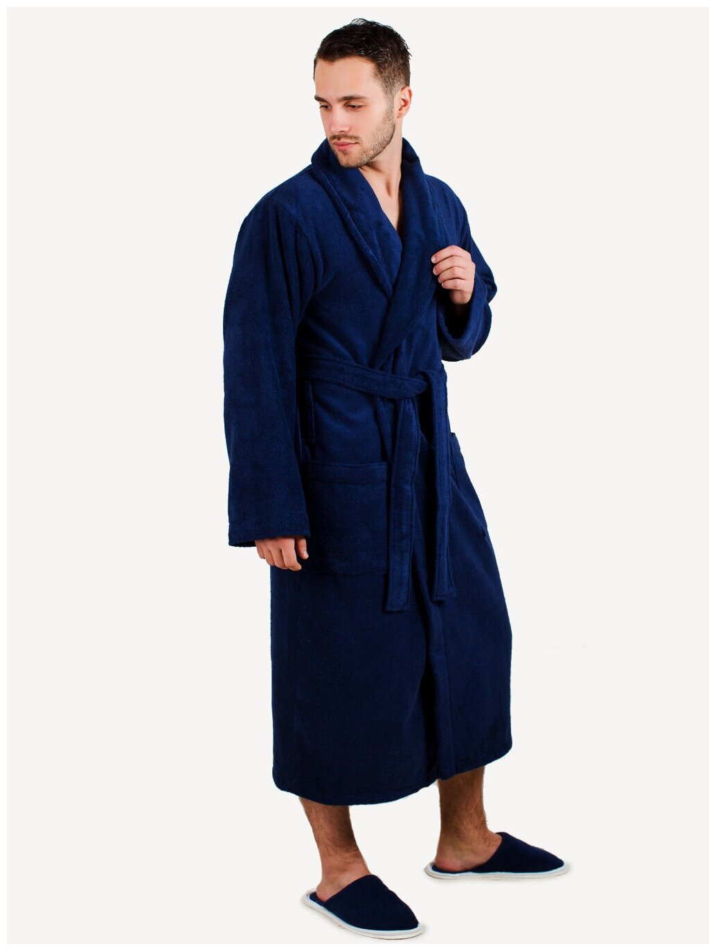 Мужской махровый халат с шалькой, темно-синий - фотография № 7