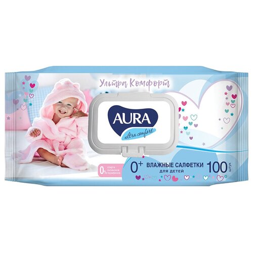 Влажные салфетки детские Aura Ultra Comfort, с экстрактом алоэ и витамином Е, с крышкой, 100 шт