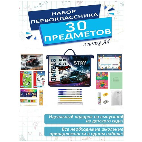 Набор школьника первоклассника канцелярский в папке А4, 30 предметов, для девочек