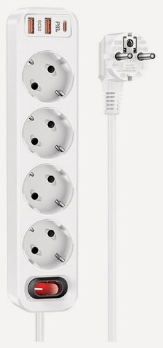 Изображение товара Сетевой фильтр HOCO NS1 Aura PD 18W+QC 3.0 4 гнезда+2USB+Type-C USB-C 1.8м белый