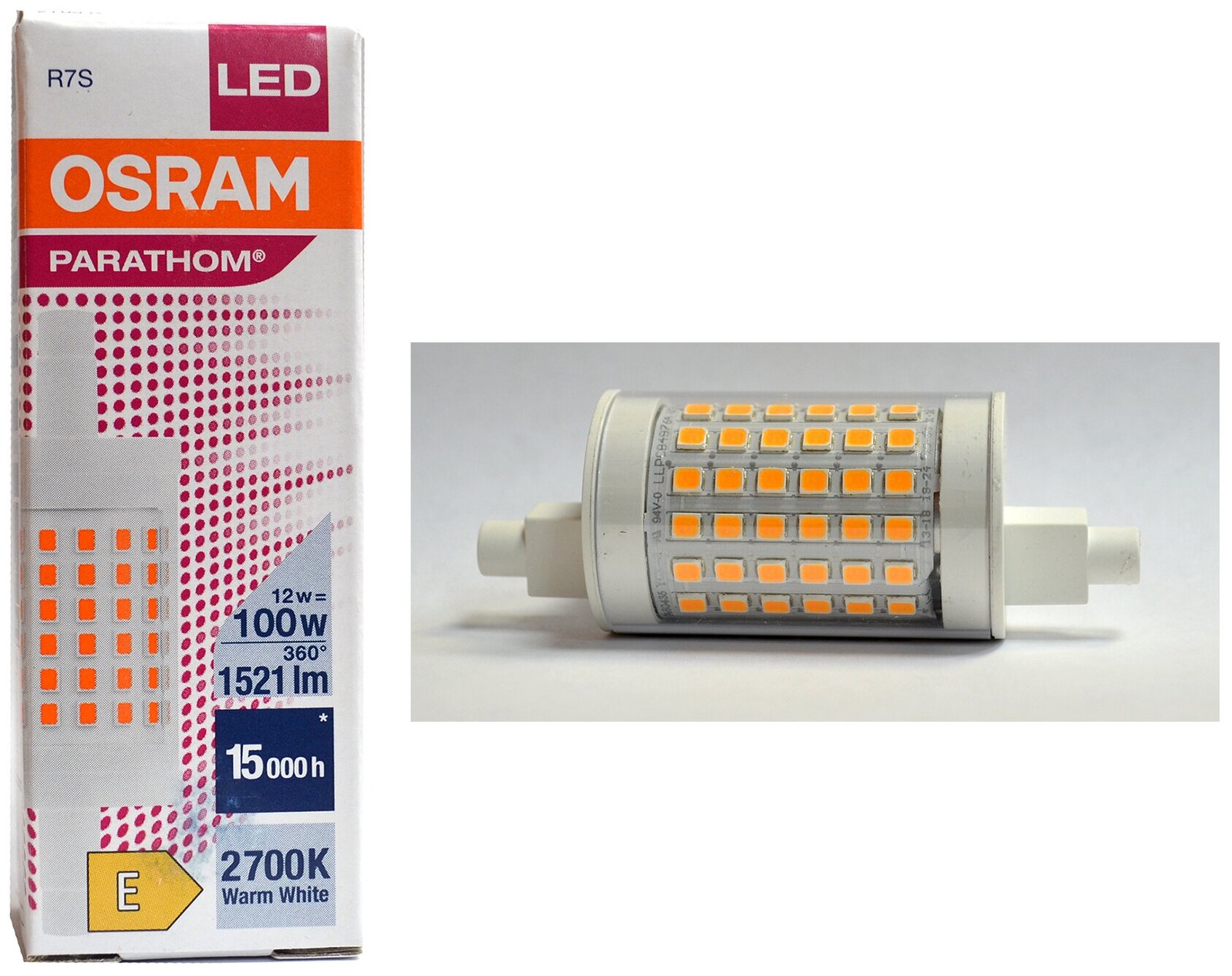 Лампочка светодиодная OSRAM Трубка линейная двухцокольная R7s 78mm R7s 12Вт 220В 1521Лм 2700К Теплый белый упаковка 1шт