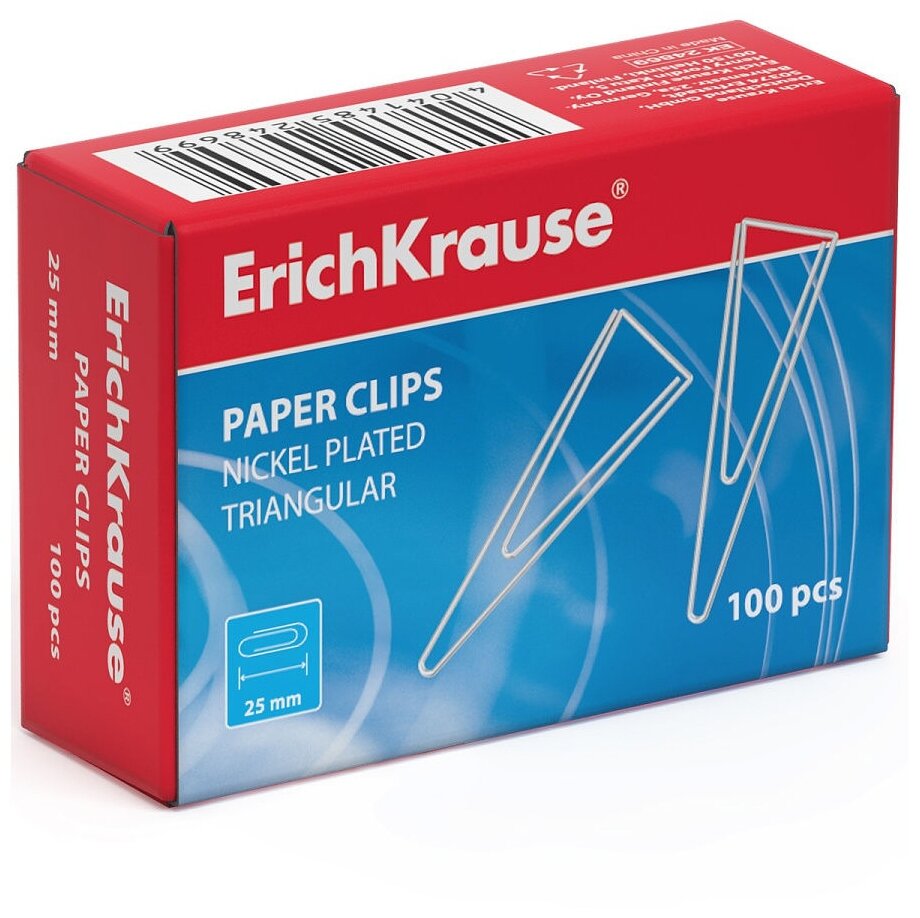 Скрепки ERICH KRAUSE, 25 мм, металлические, треугольные, 100 штук, в картонной коробке, 24869