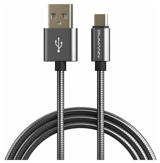 Кабель Qumann micro USB 1м 2,4А металл.корд чёрный глянец