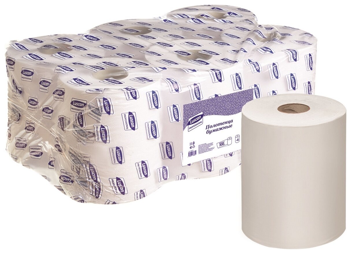 Полотенца бумажные в рулонах с центральной вытяжкой Luscan Professional 1-слойные 6 рулонов по 300 метров (арт.486353)