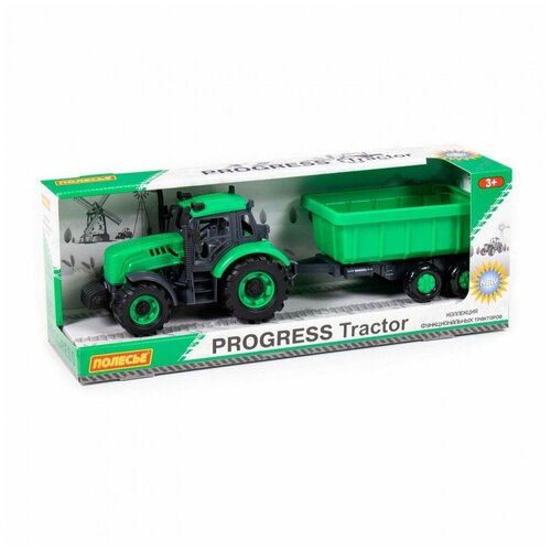 Трактор Полесье Прогресс с прицепом инерция зелёный П-91284 набор спецтехники автоград ферма 2 трактора 2 прицепа пластик в коробке 9983 30a