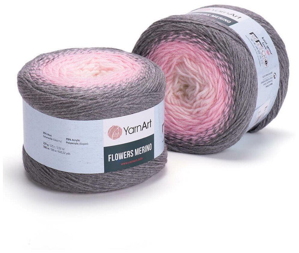 Пряжа YarnArt Flowers Merino (Фловерс Мерино) - 2 мотка цвет: 544 Серый / сиреневый / белый 25% шерсть, 75% акрил 225г 590м