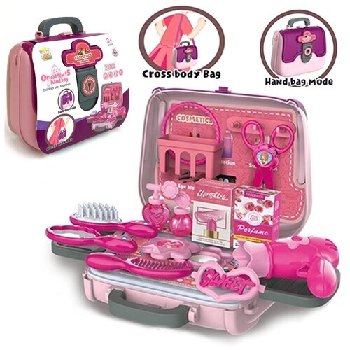 Купить Детский игровой набор Салон красоты в чемоданчике, 2 в 1, 30х24х19 см, туалетный столик, фен, расчески, зеркальце, браслет, лак для ногтей(муляж), , XingSheng, розовый