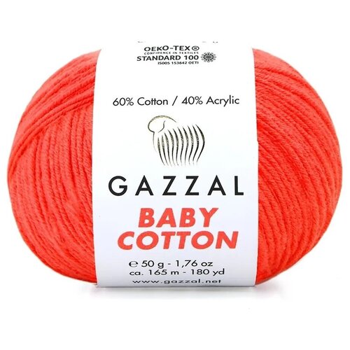 Пряжа Gazzal Baby Cotton (Газзал Беби Коттон) - 5 мотков Коралловый (3459) 60% хлопок, 40% акрил 165м/50г