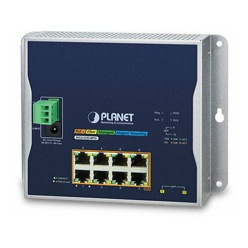 PLANET WGS-5225-8P2S IP30, IPv6/IPv4, L2+ 8-Port 10/100/1000T 802.3at PoE + 2-Port 1G/2.5G SFP Wall-mount Managed Switch (-40~75 degrees C, dual power