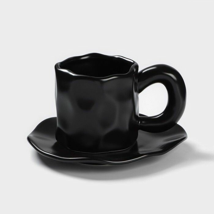 Чайная пара керамическая "Базальт", 2 предмета: кружка 200 мл, блюдце d-14,8 см, цвет черный