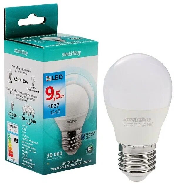 Лампа Smartbuy LED G45 9,5W 6000К Е27 светодиодная, холодный свет
