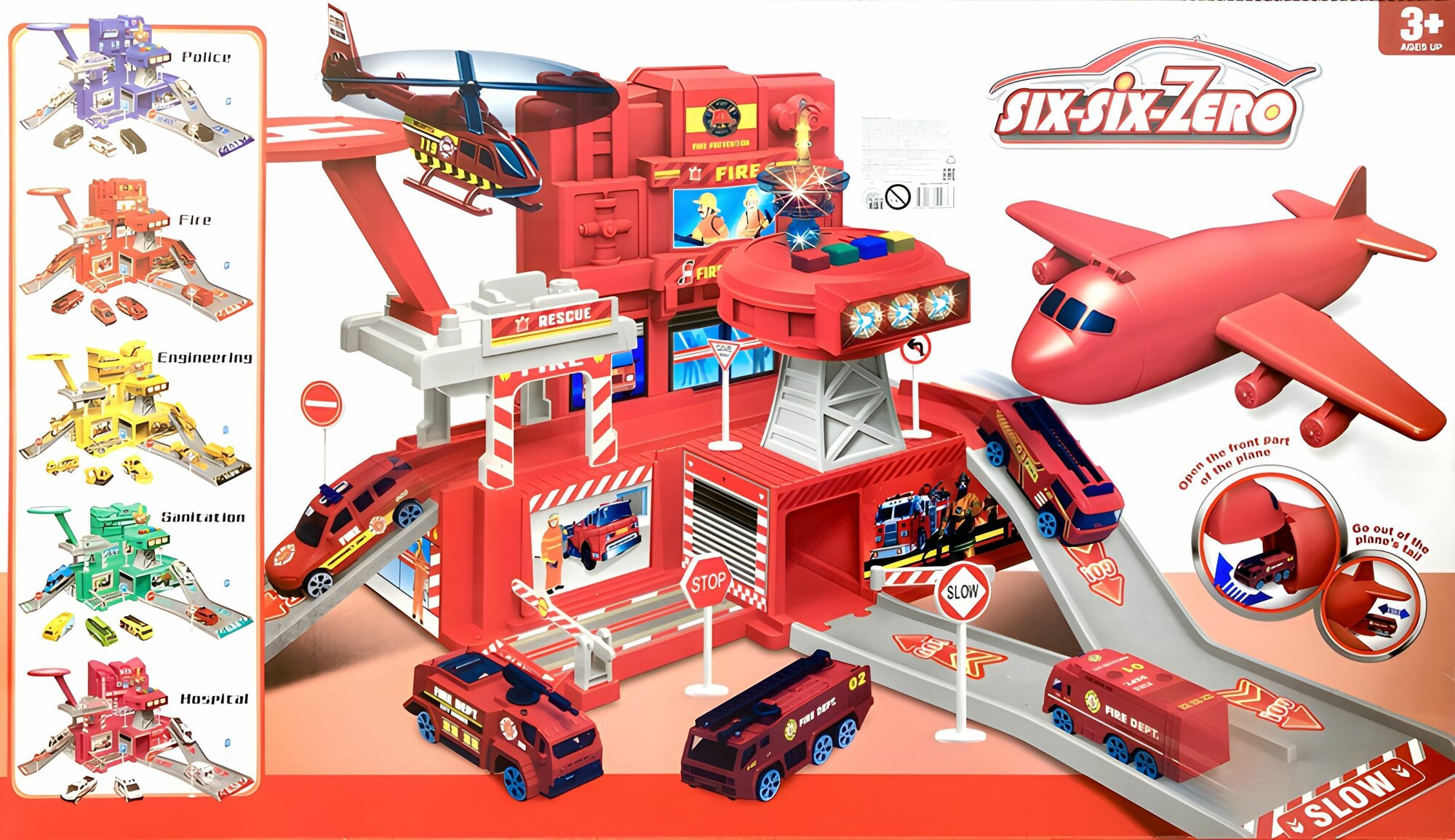 Детский игровой набор Парковка Fire Garage, самолет, 2 машинки 1:64, дорожные знаки, звуковое сопровождение, подсветка, пожарная стоянка, гараж, 51х