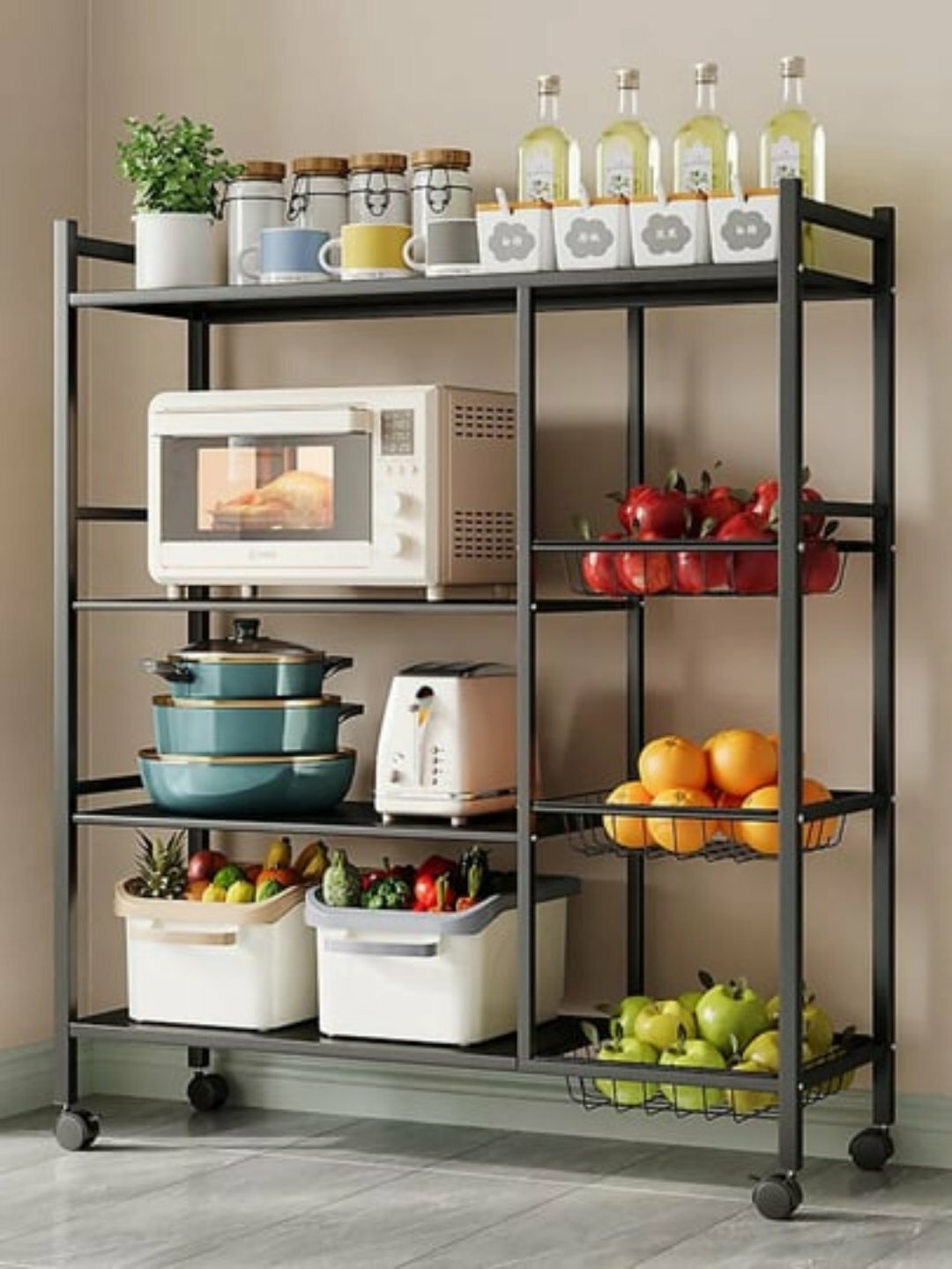 Металлическая кухонная стойка на колёсах, полка под микроволновку, универсальный стеллаж