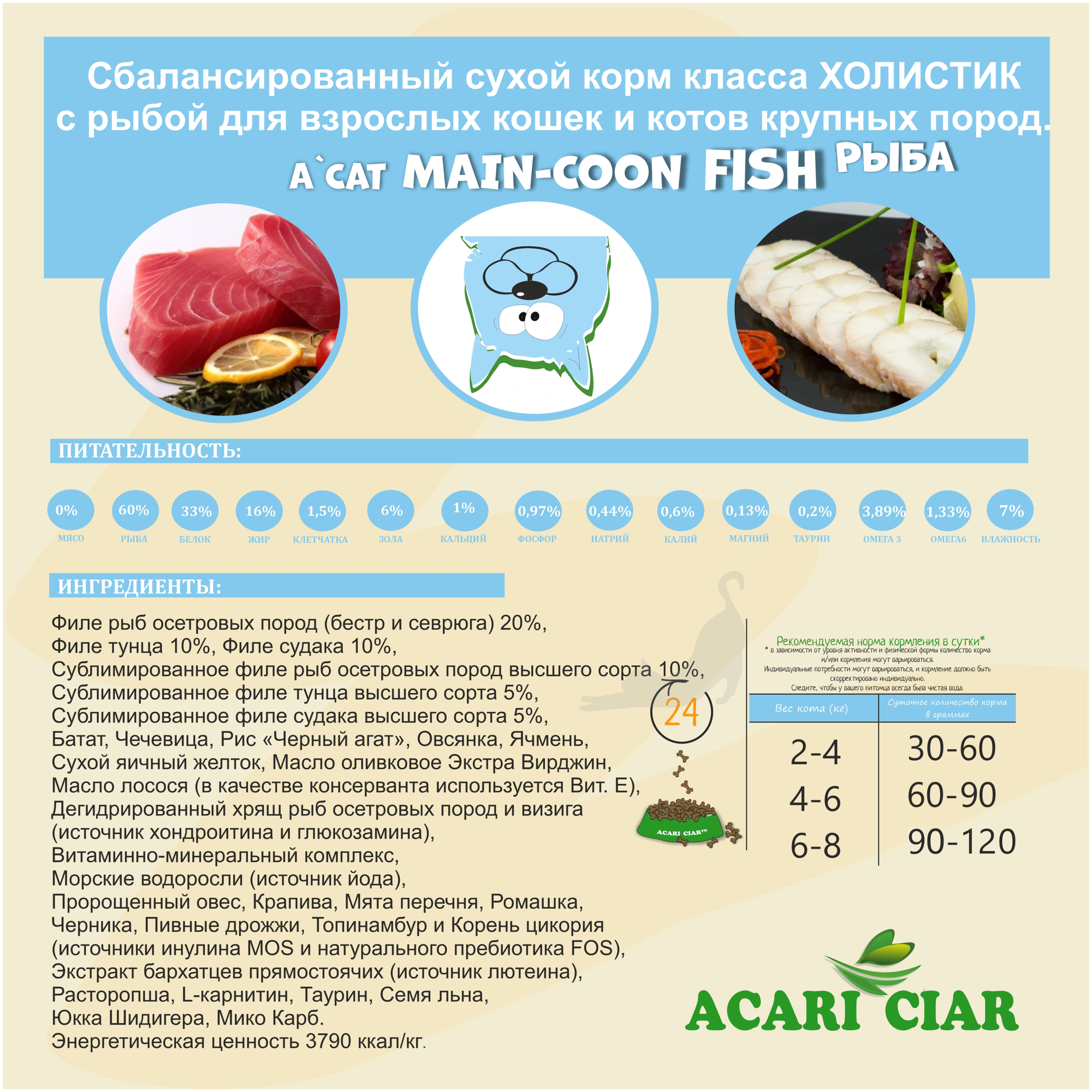 Сухой корм Acari Ciar для кошек породы Мейн-Кун A'Cat Maine-Coon Fish 1.5 кг рыба Акари Киар - фотография № 2