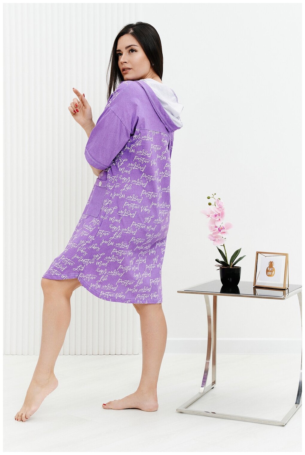 Халат Натали средней длины, укороченный рукав, капюшон, карманы, трикотажная, размер 52, фиолетовый - фотография № 12