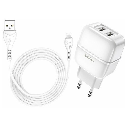 Сетевое зарядное устройство (СЗУ) Hoco C77A (2 USB) + кабель Lightning, 2.4 А, белый сзу 2usb hoco c59а lightning 2 1а 1м white