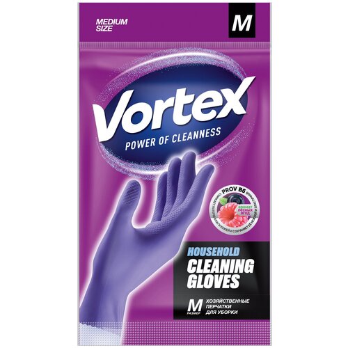 фото Vortex перчатки латексные универсальные с провитамином и ароматом лесных ягод для уборки, фиолетовые, 1 пара, m