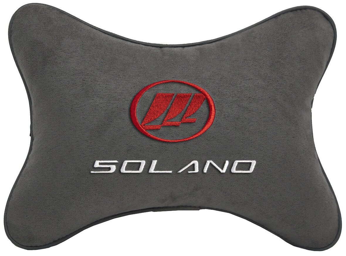 Автомобильная подушка на подголовник алькантара D.Grey с логотипом автомобиля LIFAN Solano