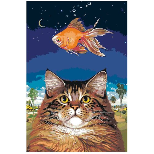 Картина по номерам, Живопись по номерам, 80 x 120, A426, кот, животное, рыба, мечта, природа, пузыри, ночь, луна, деревья
