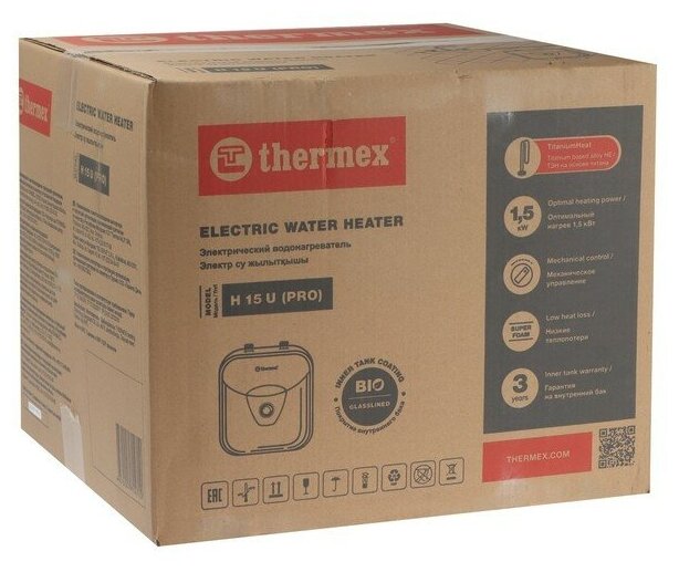 Водонагреватель THERMEX H 15 U (pro), накопительный, биостеклофарфор, 15 л, 1500 Вт - фотография № 5