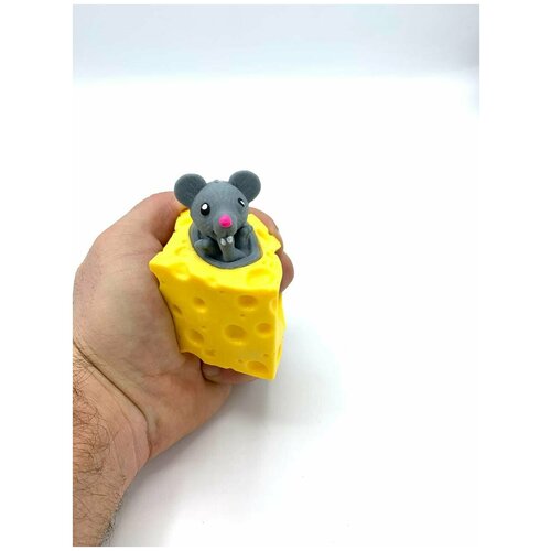 игрушка антисресс мышка в сыре жмяка Детская антистресс развивающая игрушка для малышей Мышка в сыре мялка Серая