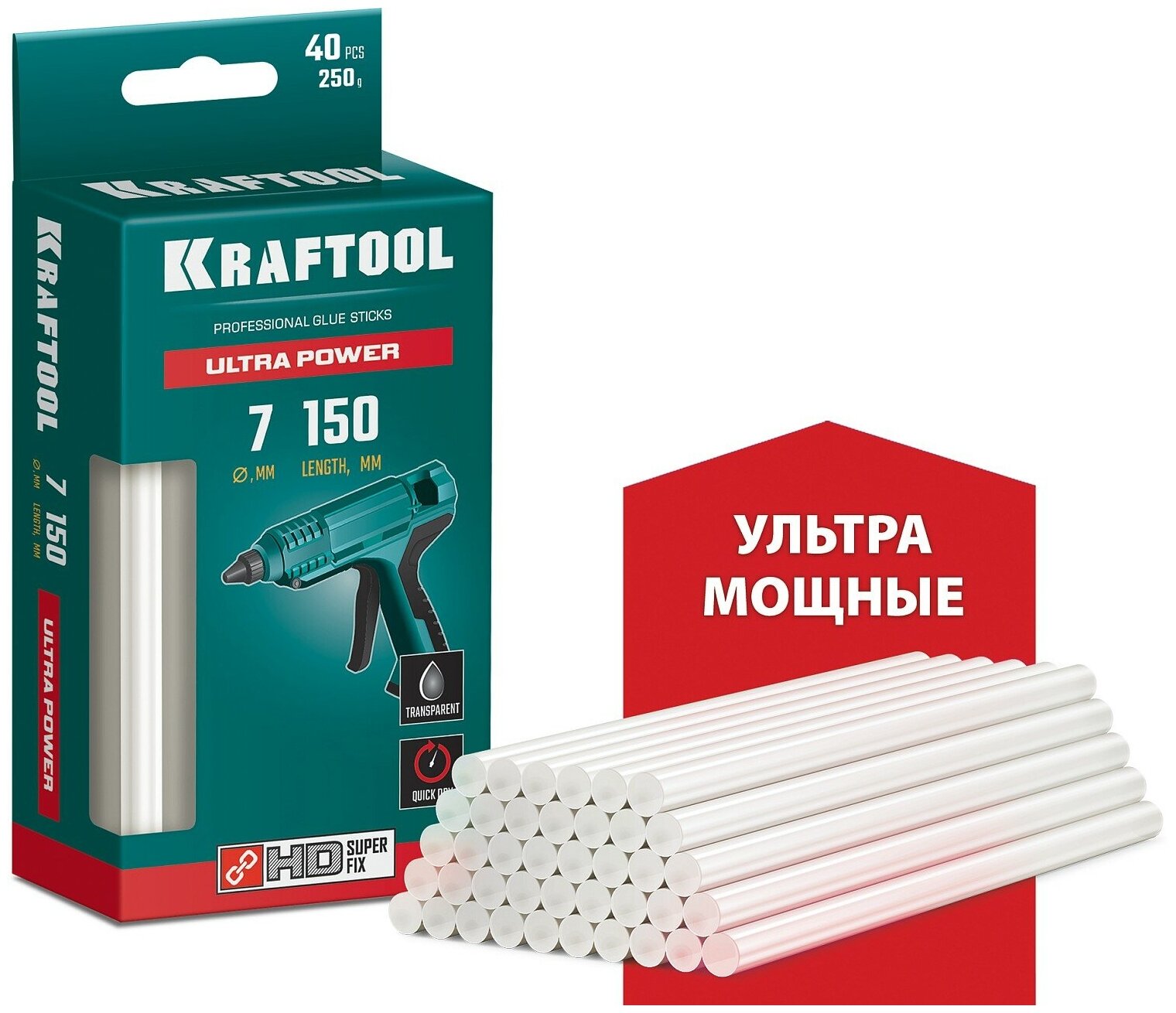 KRAFTOOL Ultra Power 7х150 мм, 40 шт, Ультрамощные клеевые стержни прозрачные (06837-40)