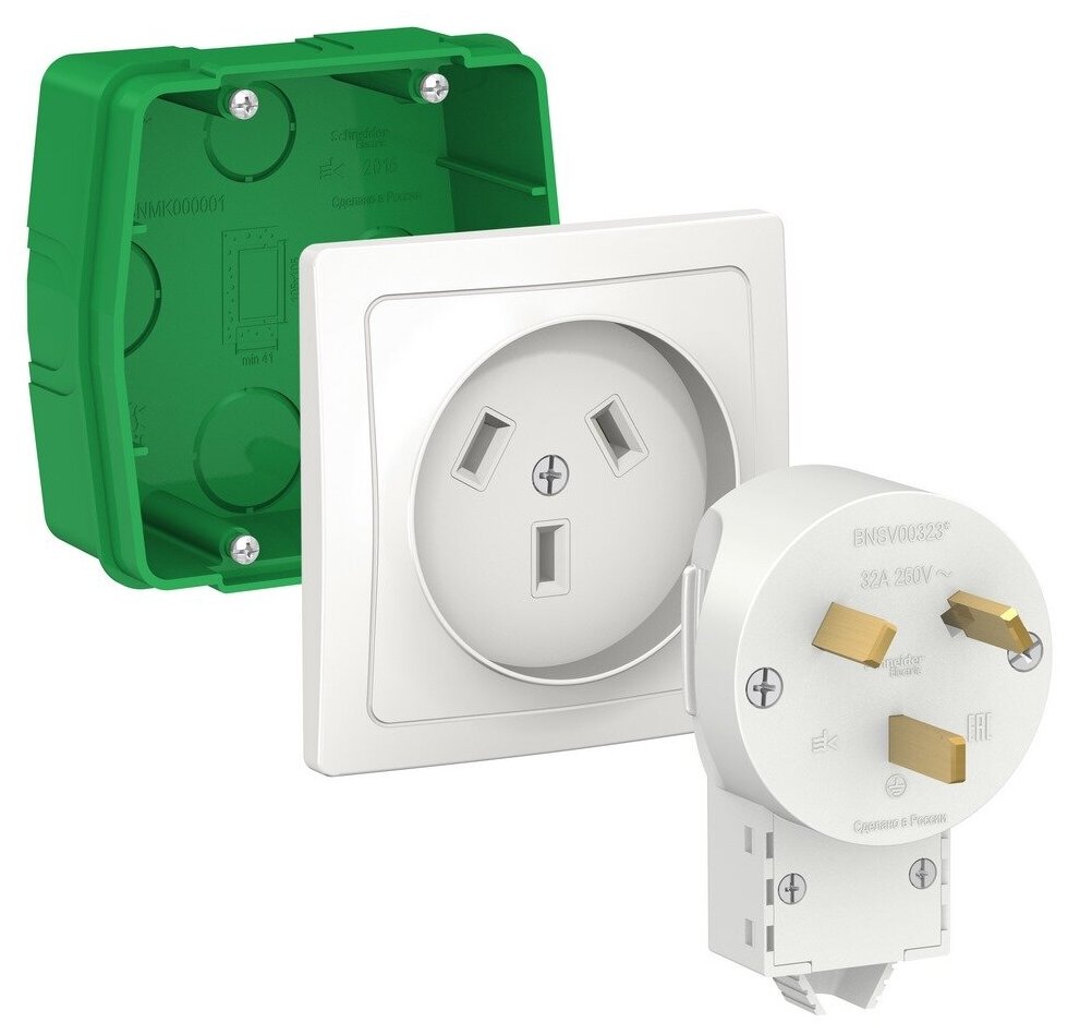 Schneider Electric BLANCA силовой комплект 32А, 250 В: розетка, вилка, монтажная коробка, белый (BLNSK013231)