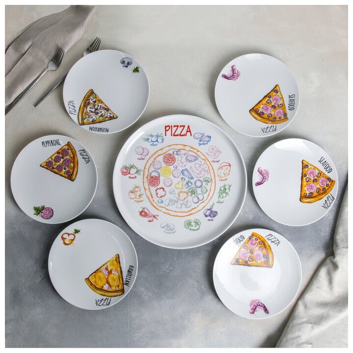 Добрушский фарфоровый завод Набор блюд фарфоровый «Пицца», 7 предметов: 1 шт d=30 см, 6 шт d=20 см, рисунок микс