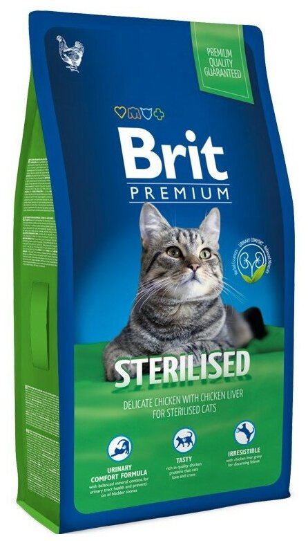 Brit Premium Cat Sterilised для стерилизованных кошек и кастрированных котов Курица, 2 кг.