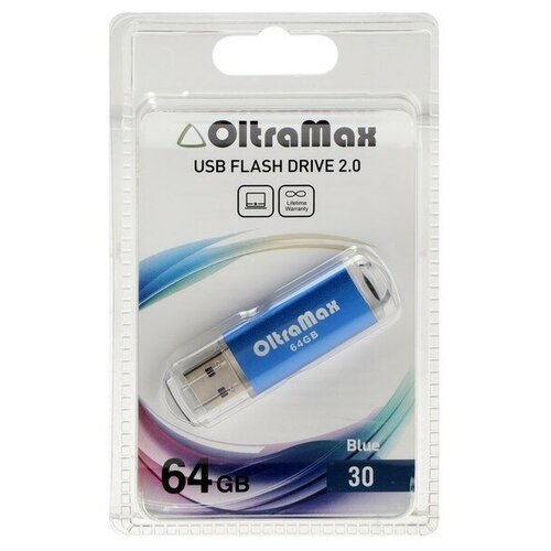 Флешка OltraMax 64, 64 Гб, USB2.0, чт до 15 Мб/с, зап до 8 Мб/с, синяя