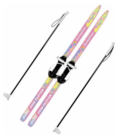 Лыжный комплект подростковый 150 см NovaSport Pink Flower с универсальным креплением и палками 110 см