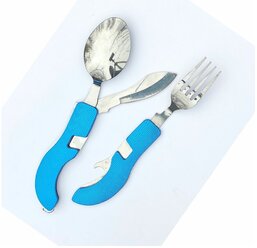 Туристический набор 4 в 1, ложка+вилка+нож+открывалка, синий