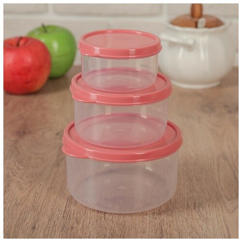 фото Набор контейнеров пищевых доляна круглые, 3 шт: 150, 300, 500 мл, коралловый