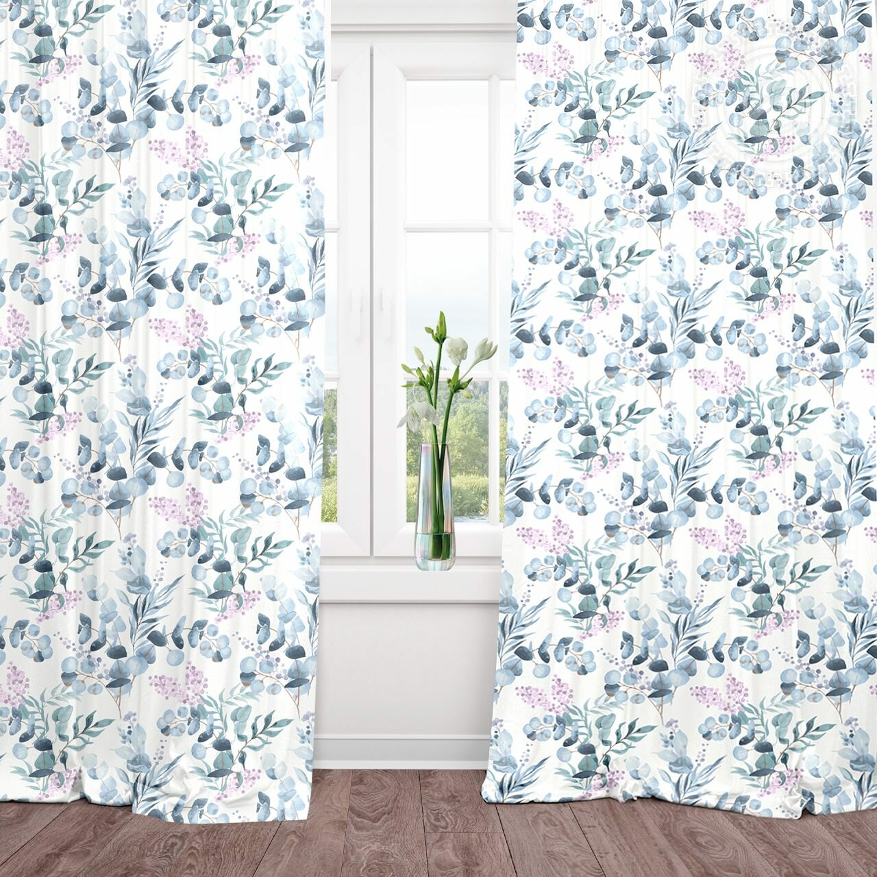 Штора для гостиной с подхватом «Эвкалипт» 145*260см АртПостель рогожка 100% хлопок голубой растения