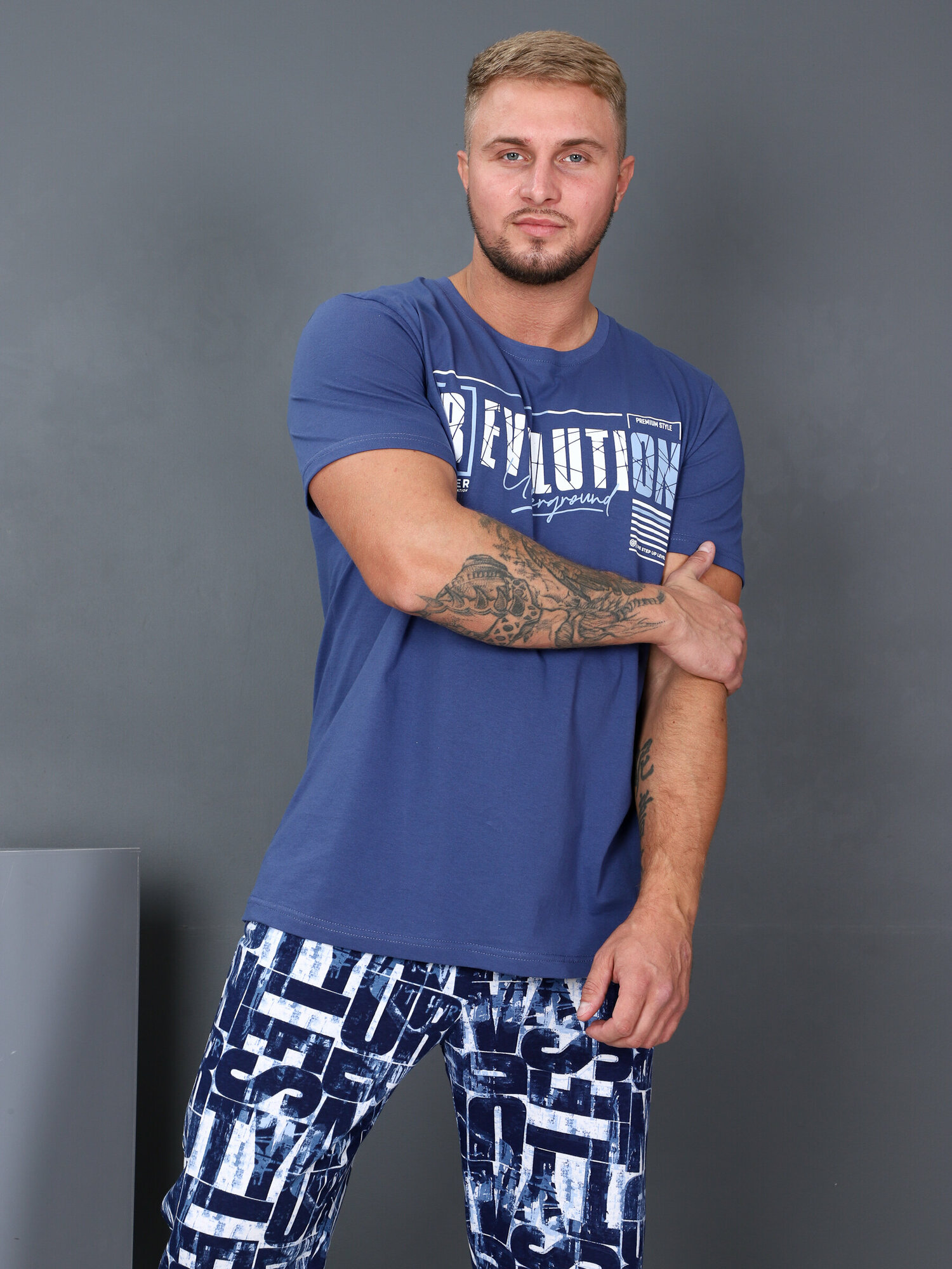 Костюм мужской с брюками домашний больших размеров Революция-man синий IvCapriz 60 - фотография № 5