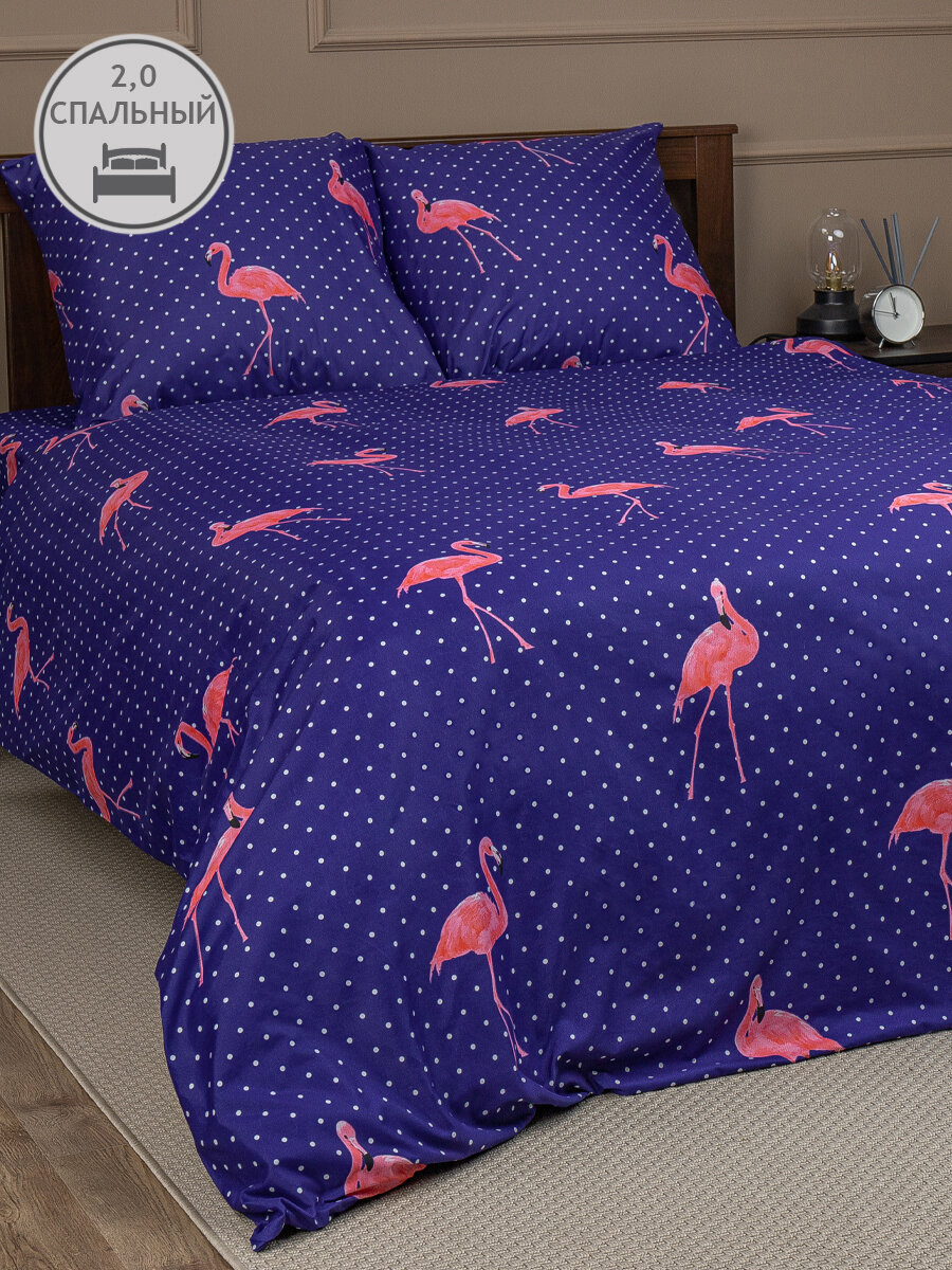 Постельное белье Amore Mio серия Макосатин Flamingo, 2 спальный комплект, микрофибра, темно-синий, розовый, с принтом птицы
