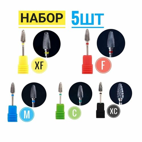 Набор 5 шт (XF, F, M, C, XC) NeoHealth-Art, Фреза твердосплавная кукуруза (боры твердосплавные для прямого наконечника диаметр хвостовика - 2,35 мм ) ( стоматология / зуботехнические) (маникюр/педикюр) .