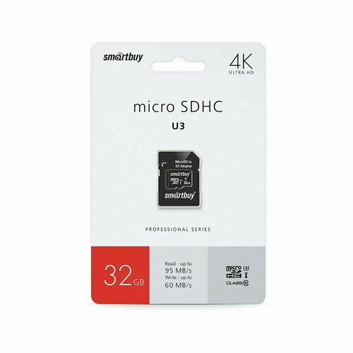 Карта памяти Smart Buy PRO U3 MicroSD, 32 Гб, с SD адаптером, класс 10, 1 шт батарейки smart buy sbba 3a10bx aaa 10 шт