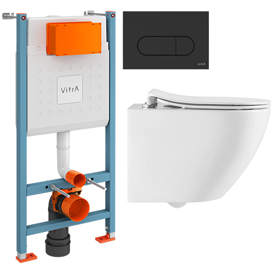 фото Инсталляция для унитазов VITRA V-Fix Core 800-1873 + подвесной унитаз AQUAme AQM2002PRO c технологией смыва Торнадо безободковый с крышкой микролифт белый