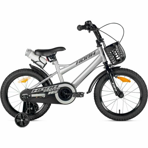 Велосипед детский городской HORH FORTE 16 2024 для детей от 4 лет до 6 лет стальная рама с защитой цепи звонком флягой корзиной 1 ск барабанный тормоза сереброчерный цвет рост 110-125 см 15242₽