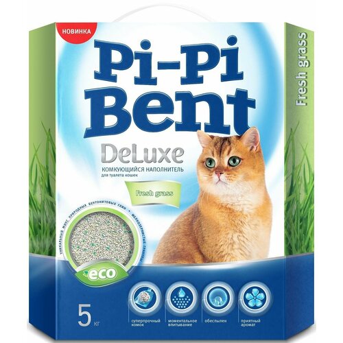 Pi-Pi-Bent DeLuxe "Свежая Трава" наполнитель для кошачьего туалета минеральный комкующийся 5 кг (12л)