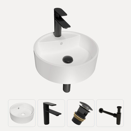 Изображение товара Раковина накладная для ванной Teymi Lina S D40 в комплекте смеситель черный матовый донный клапан клик-клак с переливом черный и сифон черный F13115