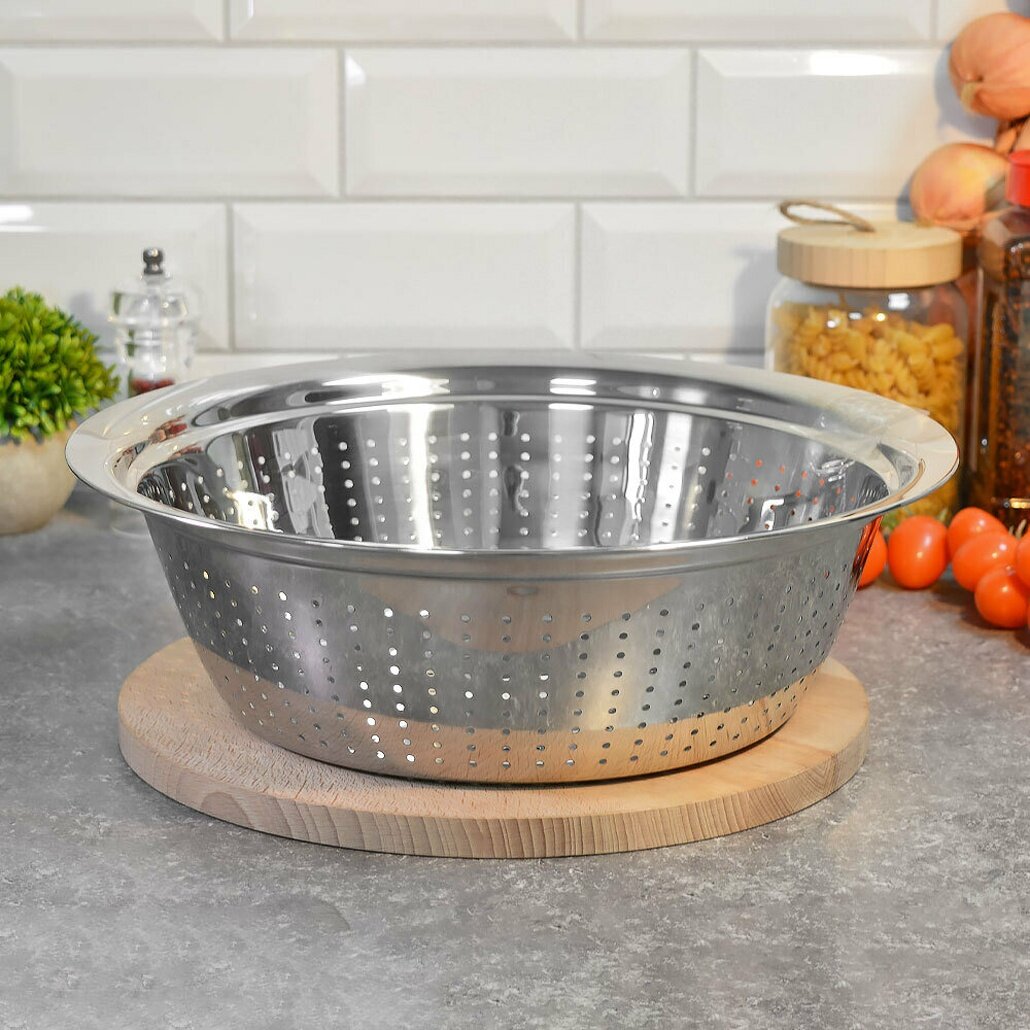 Дуршлаг 34см из нержавеющей стали глубокий устойчивый удобный для слива жидкости