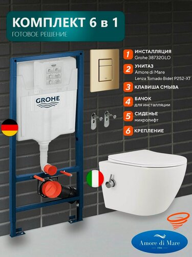 Изображение товара Инсталляция с унитазом 6 в 1: инсталляция Grohe 38732GLO+унитаз Amore di Mare Lenza Tornado Bidet P252-XT с функцией биде