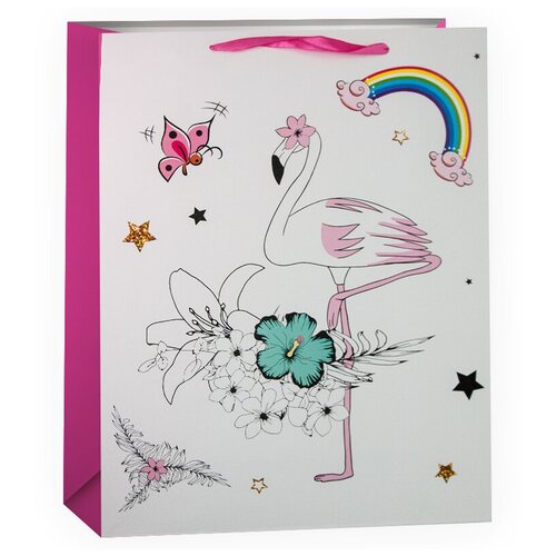 фото Пакет подарочный, фламинго в цветах, белый, 42*31*12 см, 1 шт. дон баллон